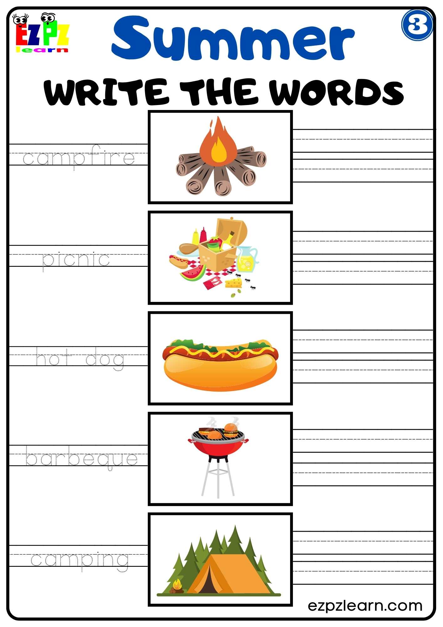 Summer and Beach Write the Words activity for kids set 3